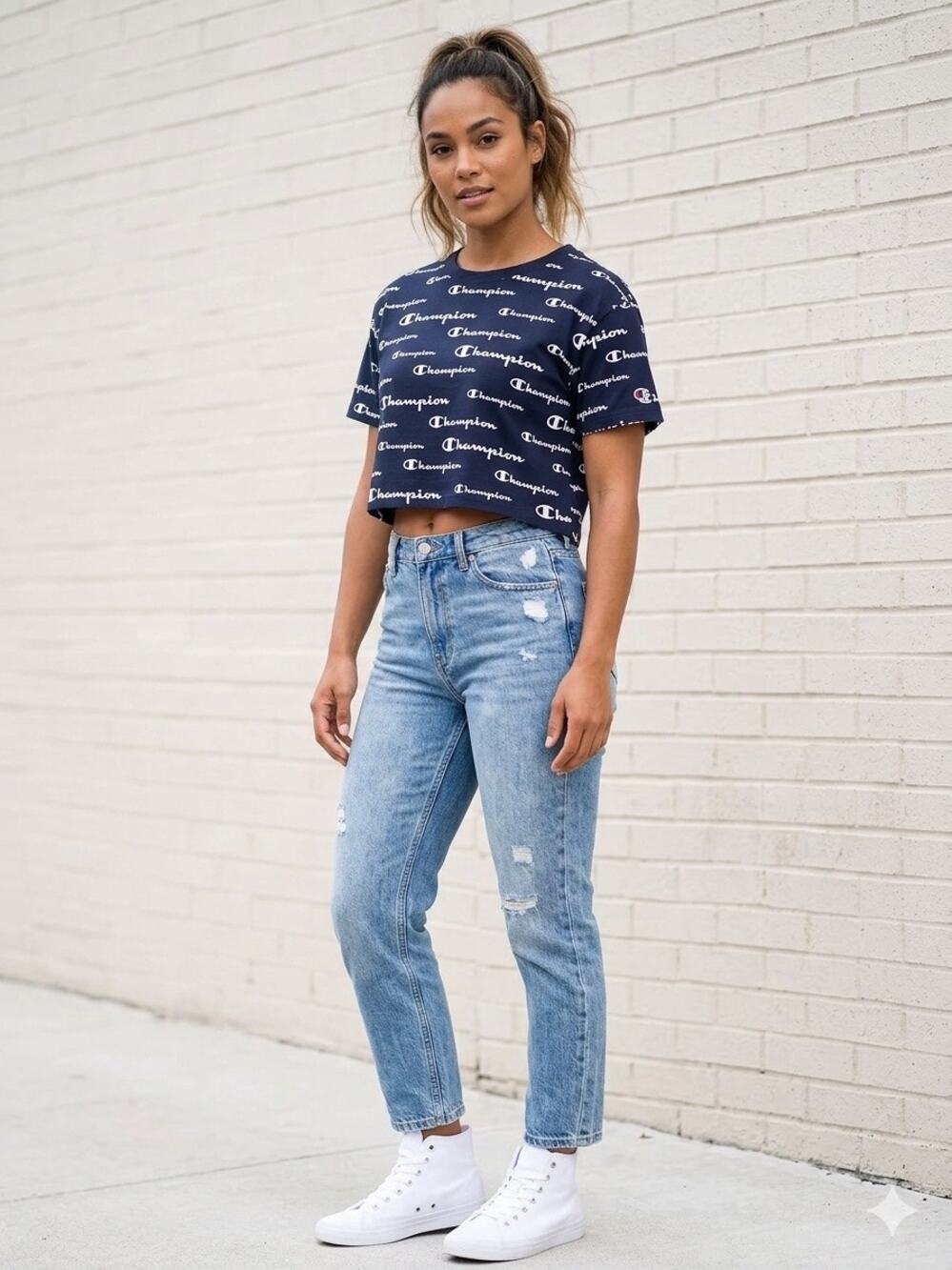 Champion LIFE All Over Print AOP Script Logo Navy Cropped T-Shirt Small